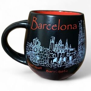 Barcelona Coffee Mug Black and Red 16 fl oz with Spoon Holder